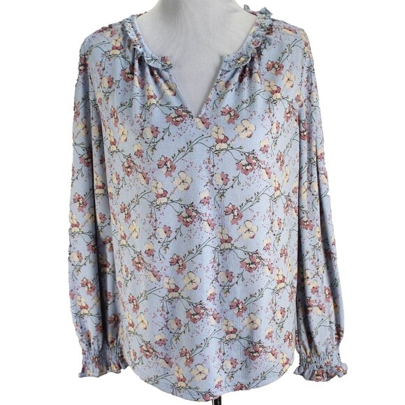 Melloday Womens Top Size L Blue Pink Ivory Floral Long Sleeve V Neck Pullover - Picture 1 of 7